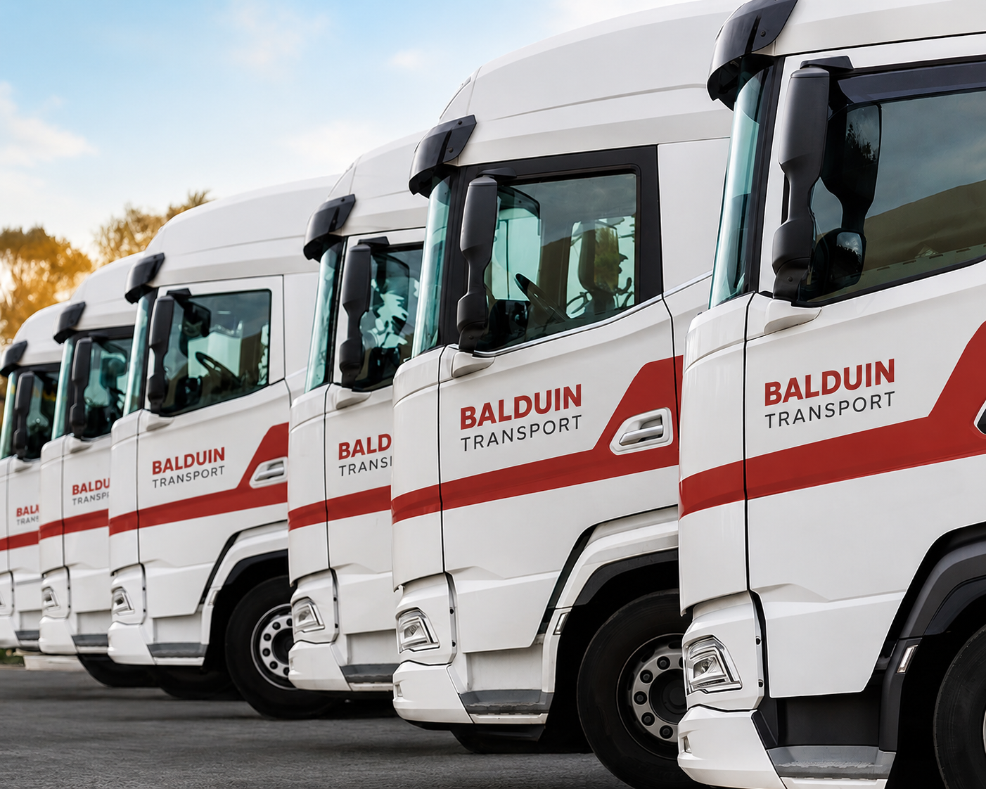 Balduin Transport Fuhrpark — mehrere weiße Scania-Lkw mit rotem Firmenlogo